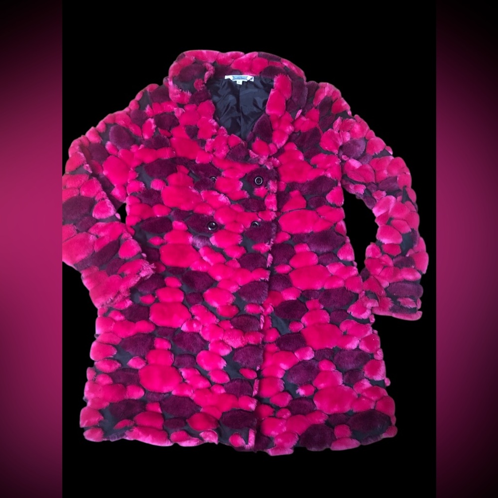 Vintage Hourglass Faux Fur Double Breasted Fuchsia and Black Large - Picture 2 of 6
